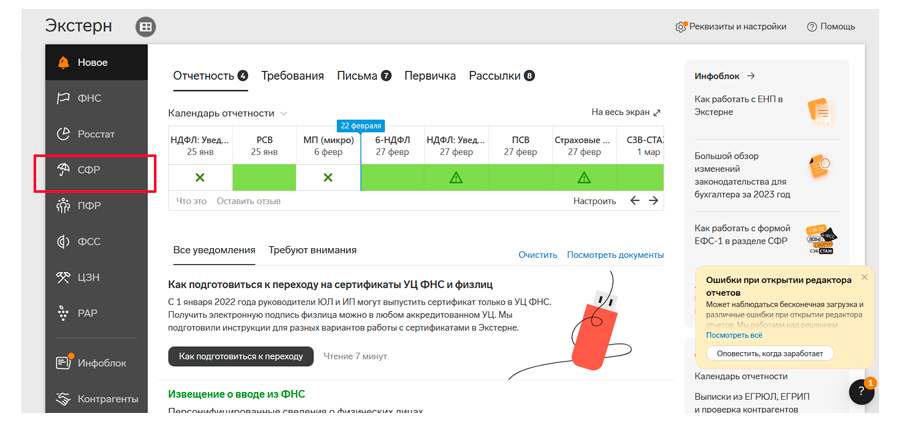 Раздел СФР в Контур Экстерне